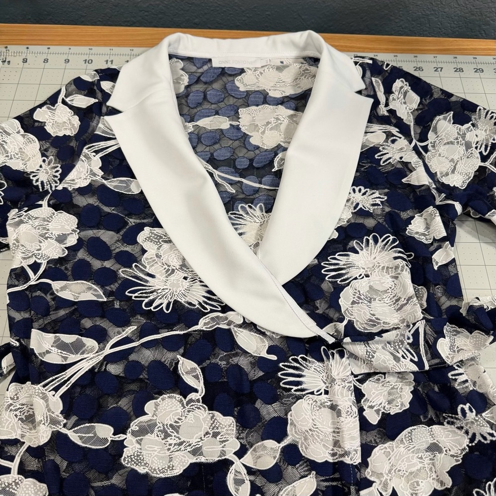 Anne Fontaine Christy Lace Blouse Navy Polka Dot Mesh Floral Shawl Collar L / 44 - Picture 8 of 16